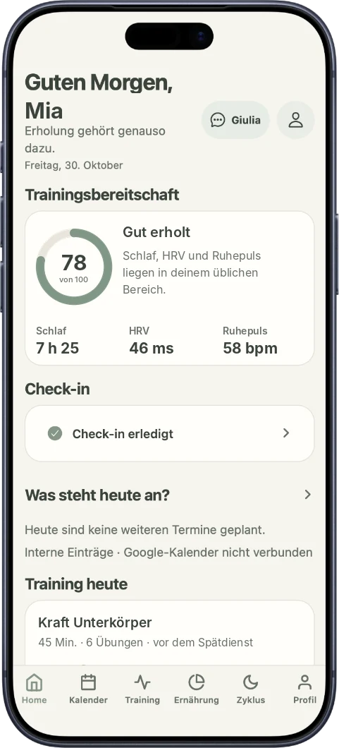 Home-Dashboard: Trainingsbereitschaft 78 von 100, Schlaf, HRV und Ruhepuls, Check-in und Training heute