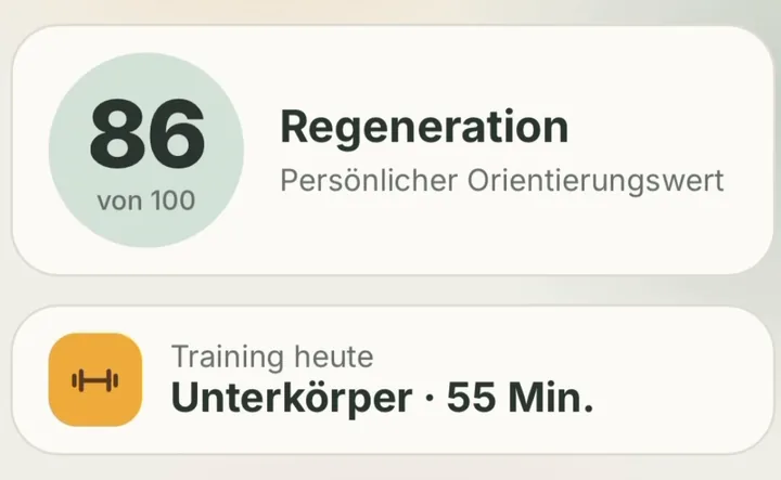 App-Ausschnitt: Regeneration 86 von 100, Training heute: Unterkörper, 55 Minuten