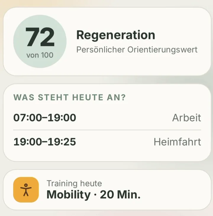 App-Ausschnitt: Regeneration 72 von 100, Tagesplan mit Arbeit von 7 bis 19 Uhr, Training heute: Mobility 20 Minuten
