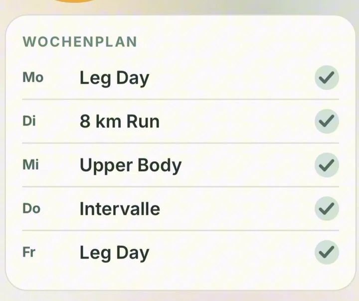 App-Ausschnitt: Wochenplan mit Leg Day, 8 km Run, Upper Body, Intervallen